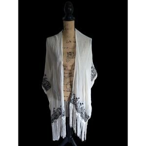 White sheer two tone embroidered shawl with fringe